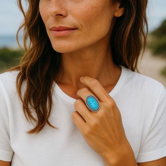 Genuine Large Blue Larimar Oval Sterling Silver Boho Statement Ring Size 7 New - Picture 2 of 7
